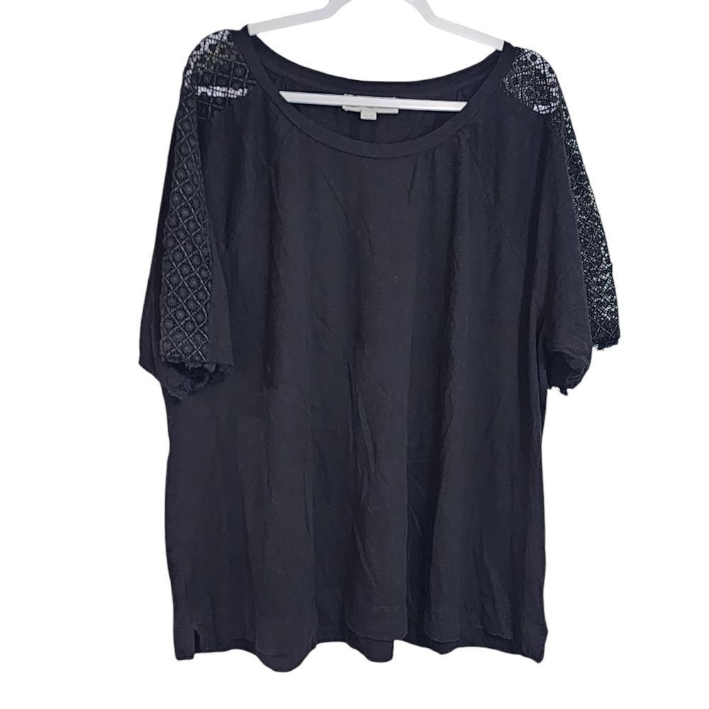 Loft top black crocheted lace shoulders short sleeve 2X